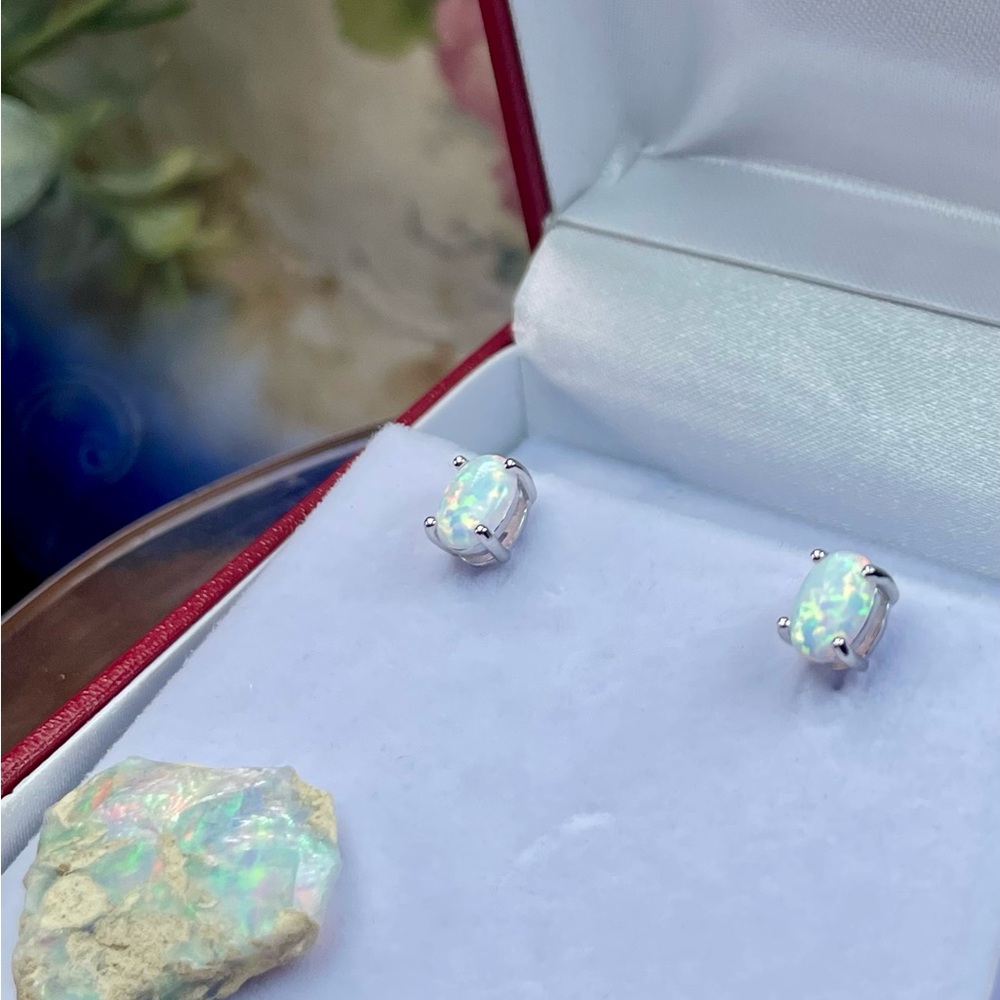 14K 2ct Australian‼️ Opal White Gold Earrings - Picture 9 of 16